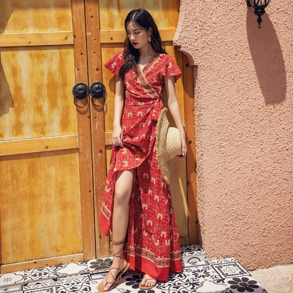 Tie-Waist Patterned Maxi Dress